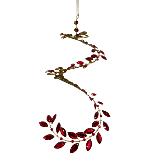 Red swirl rhinestone ornament with jeweled sparkle.