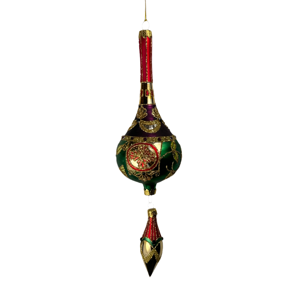 Red and green vintage drop ornament with a gold medallion.