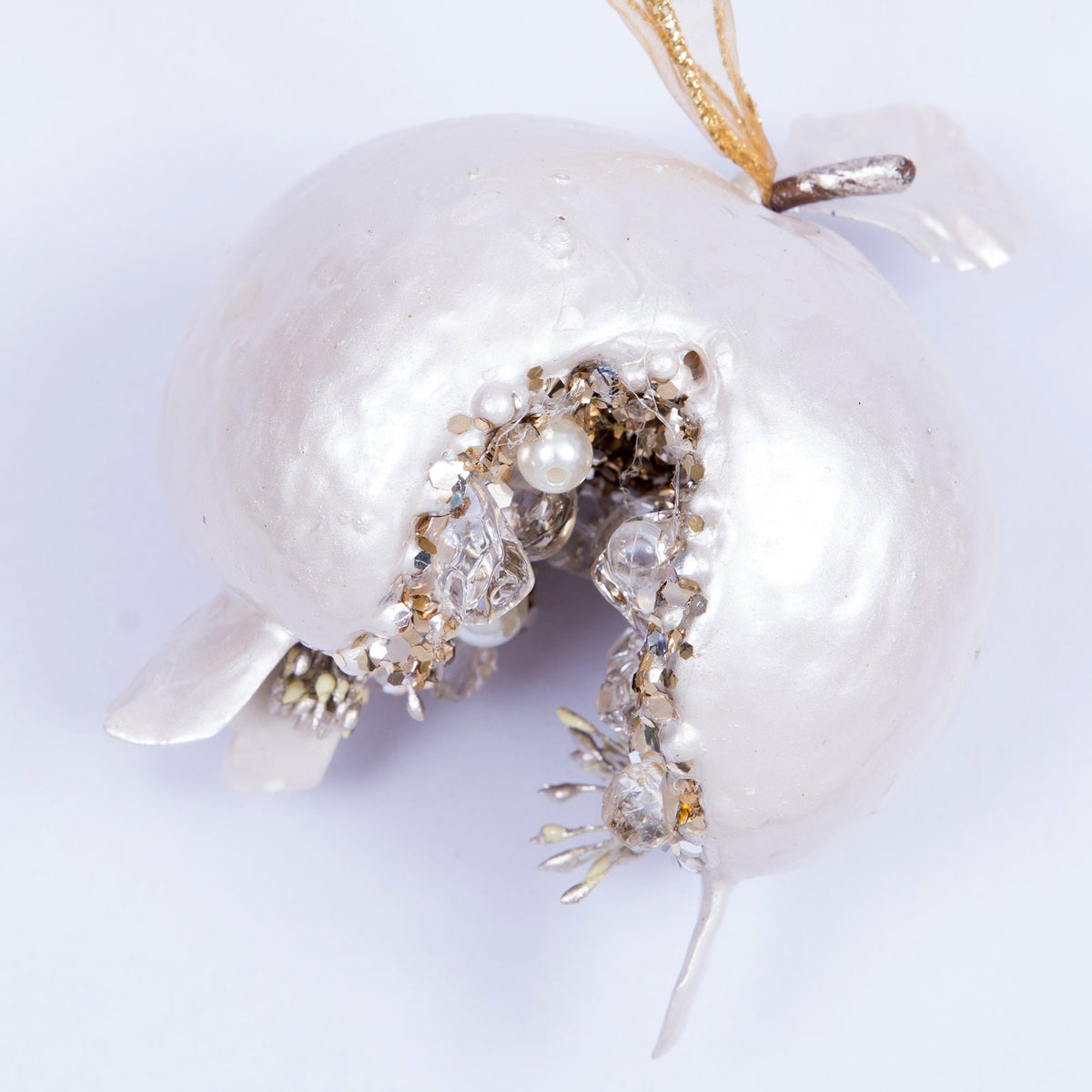 Pearl pomegranate ornament with jeweled crystal center, 4 inches