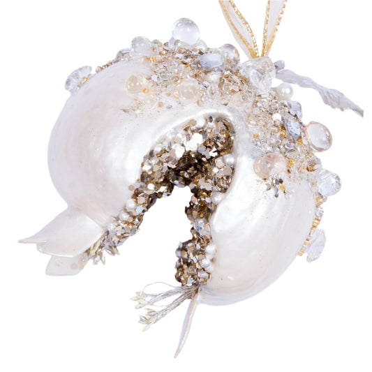 Pearl bejeweled pomegranate ornament with a dazzling finish.