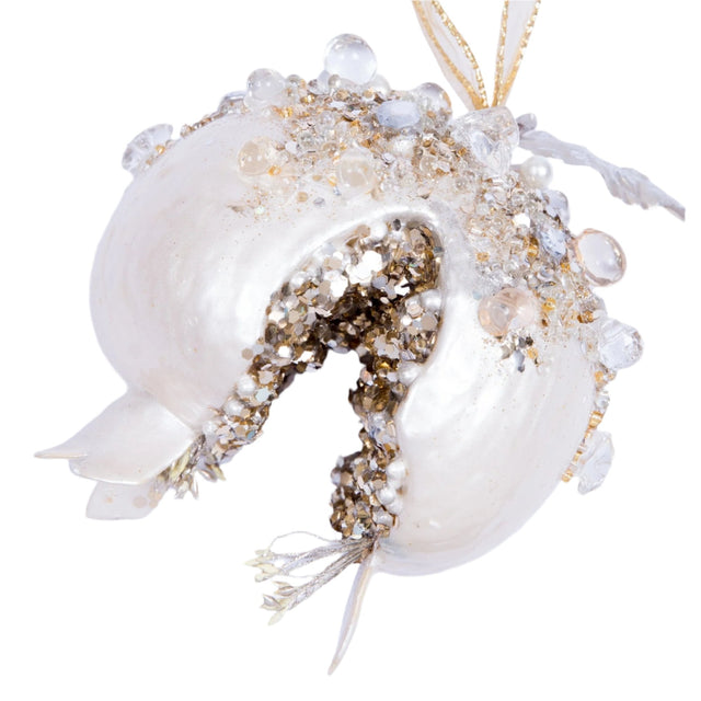 Pearl bejeweled pomegranate ornament with a dazzling finish.