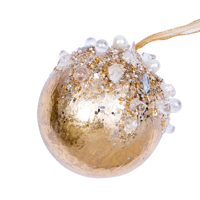 Gold bejeweled ball ornament with jewel accents.