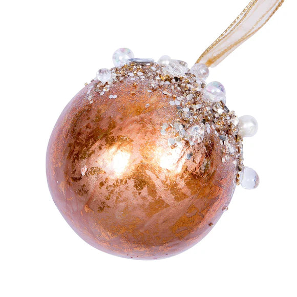 Rose gold dazzling bejeweled ball ornament.