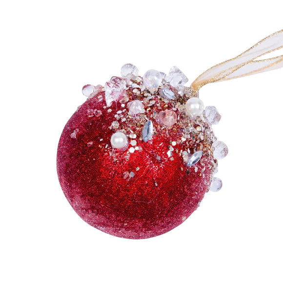 Red beaded bejeweled ball ornament with jewel accents.