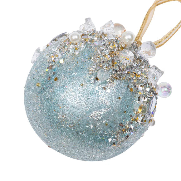 Light blue beaded bejeweled ball ornament with jewel detail.