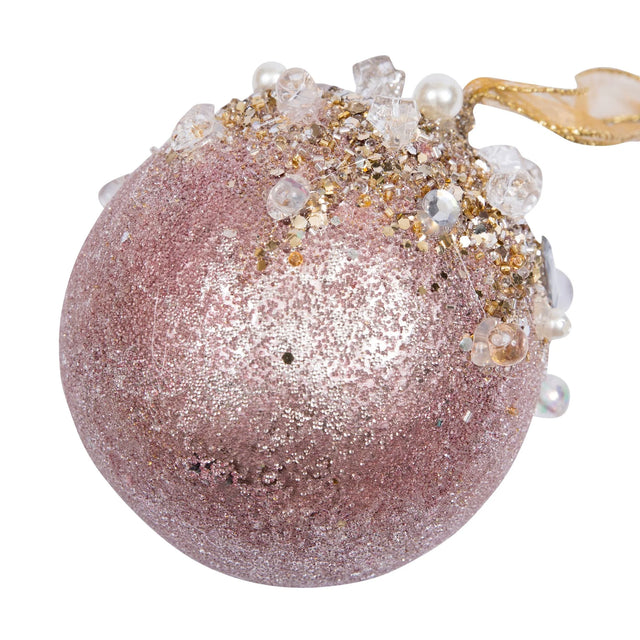 Pink beaded bejeweled ball ornament with sparkling detail.