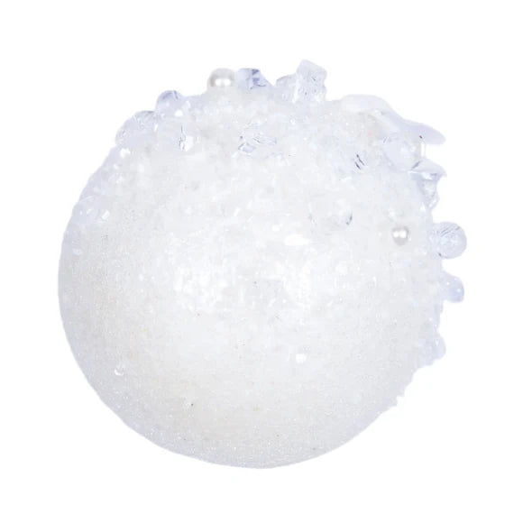 White bejeweled beaded ball ornament with sparkling detail.