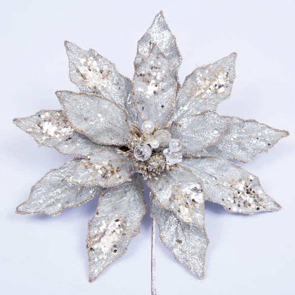 Silver poinsettia seasonal & decorations, 14 inch, for Christmas decorating