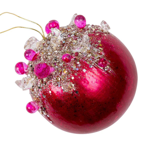 Pink jeweled ball ornament with hot pink crystal bejeweled ball detail.