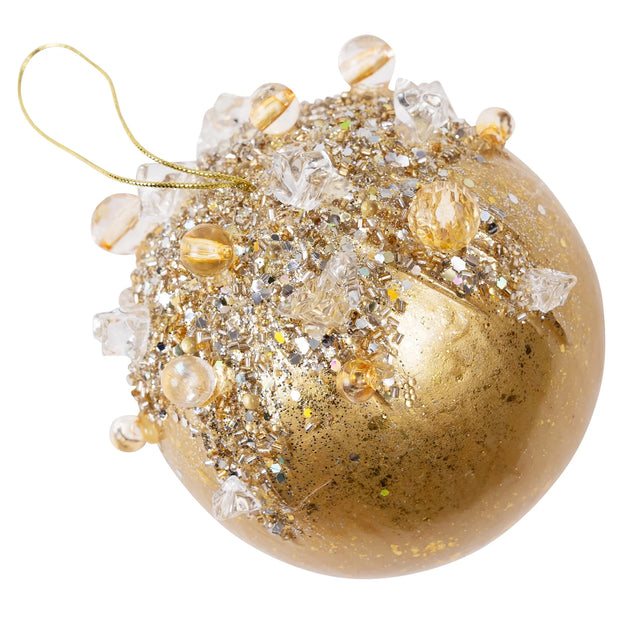 Gold crystal bejeweled ball ornament with sparkling crystal detail.