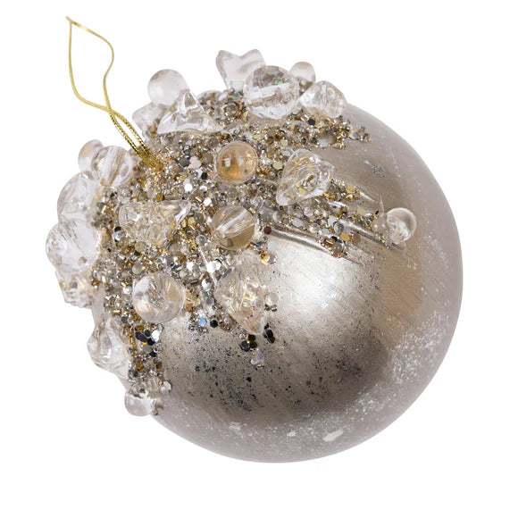 Silver crystal bejeweled ball ornament with encrusted accents.