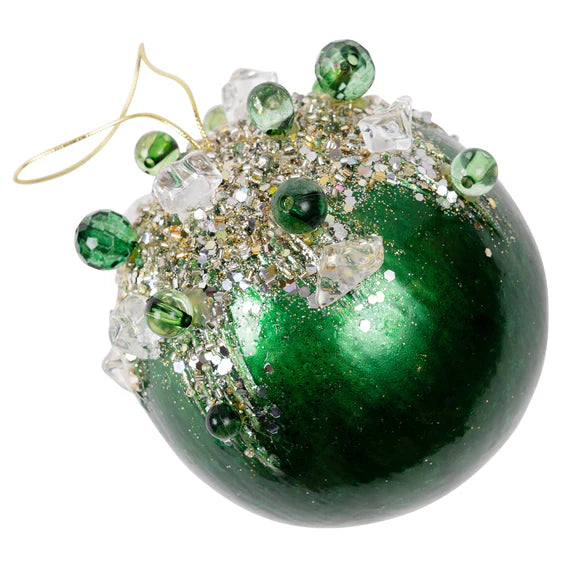 Emerald crystal bejeweled ball ornament with sparkling gems.