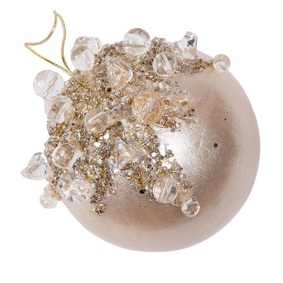 Pearl crystal bejeweled ball ornament with jewel accents.
