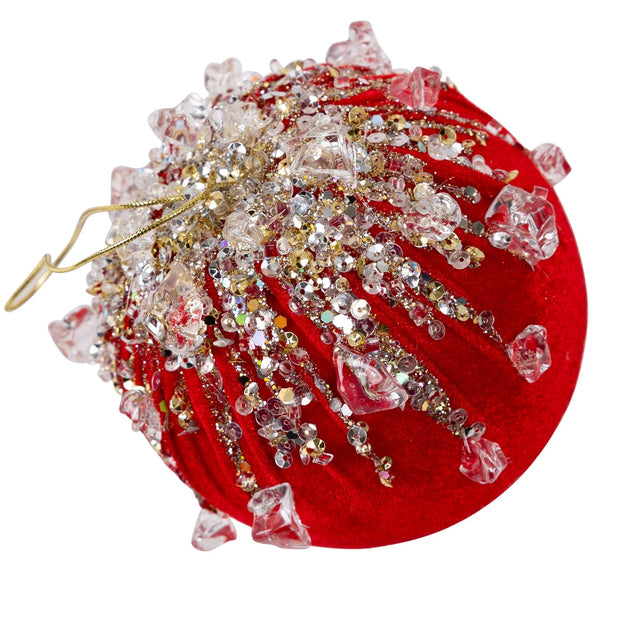 Red velvet bejeweled ball ornament with sparkling jeweled detail.