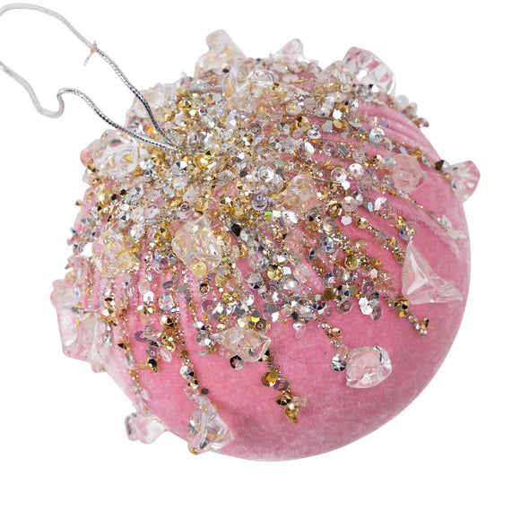 Light pink velvet bejeweled ball ornament with jeweled detail.