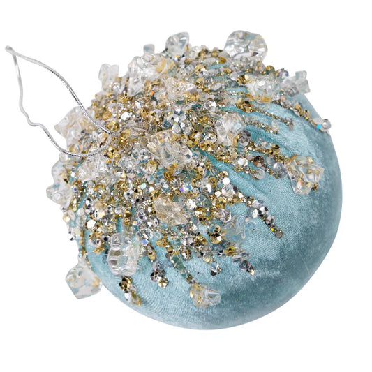 5" Light Blue Velvet Bejeweled Ball Ornament