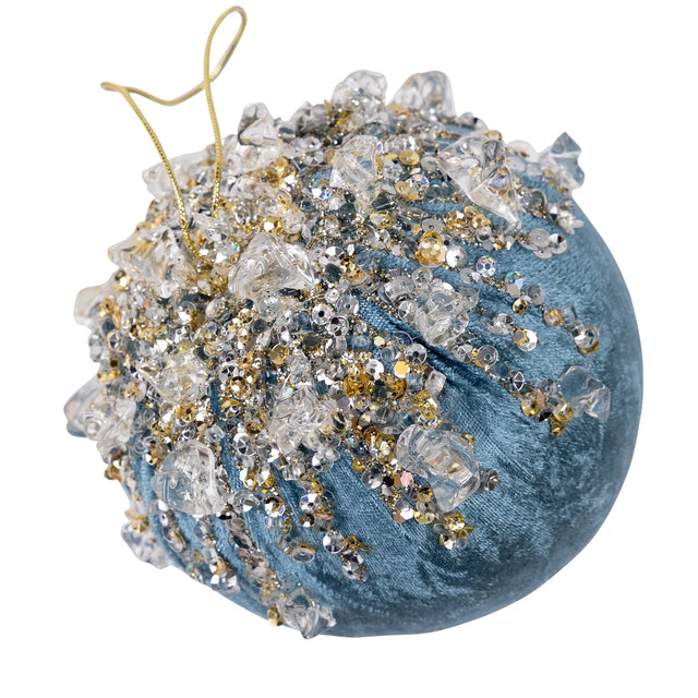 Steel blue velvet bejeweled ball ornament.