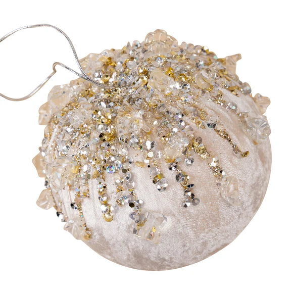 Pearl velvet bejeweled ball ornament with jeweled detail.