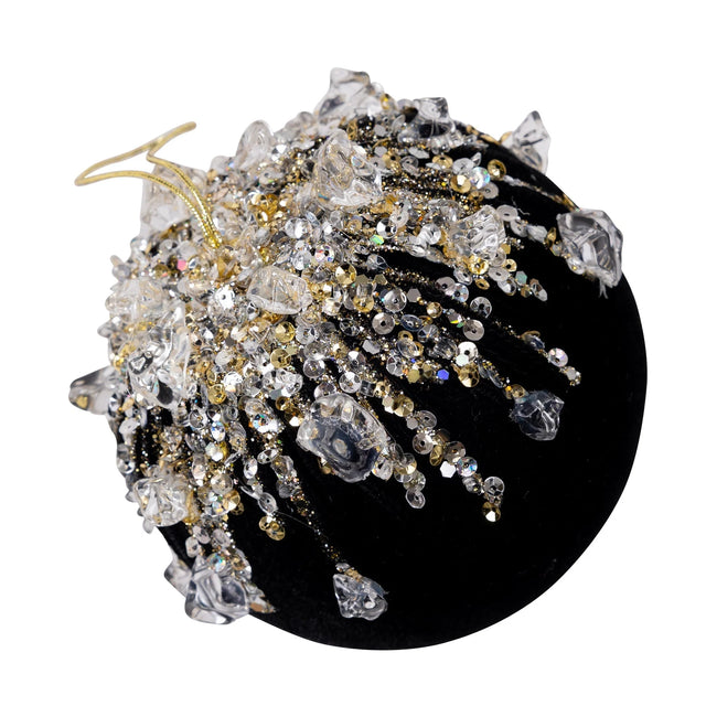 Black velvet bejeweled ball ornament with jewel accents.