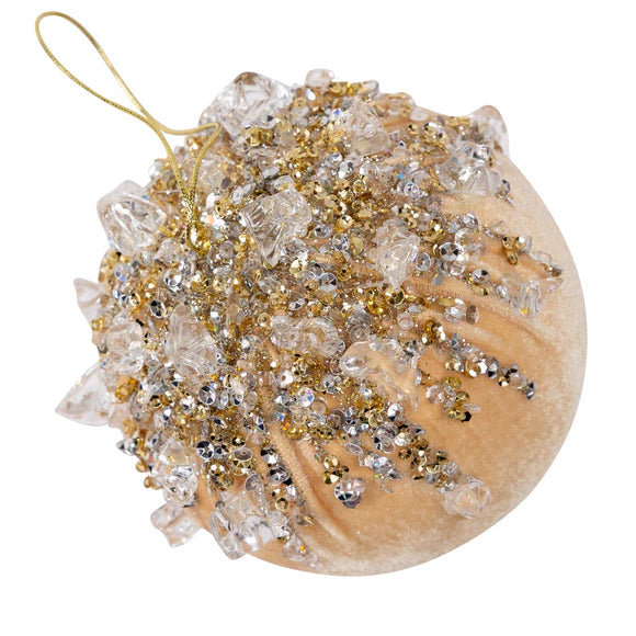 Champagne velvet ball ornament with jeweled beading.