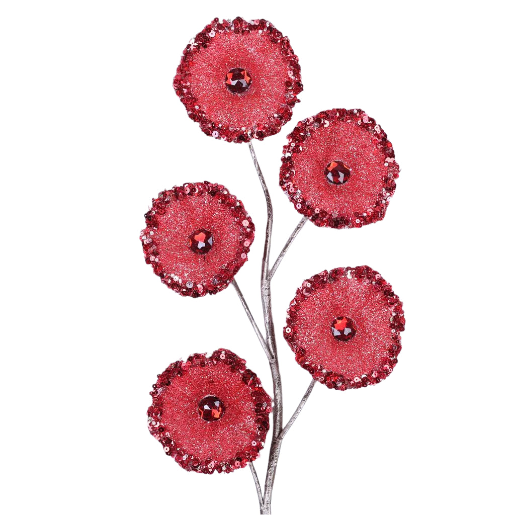 Red crystal trumpet floral spray with faceted crystals.