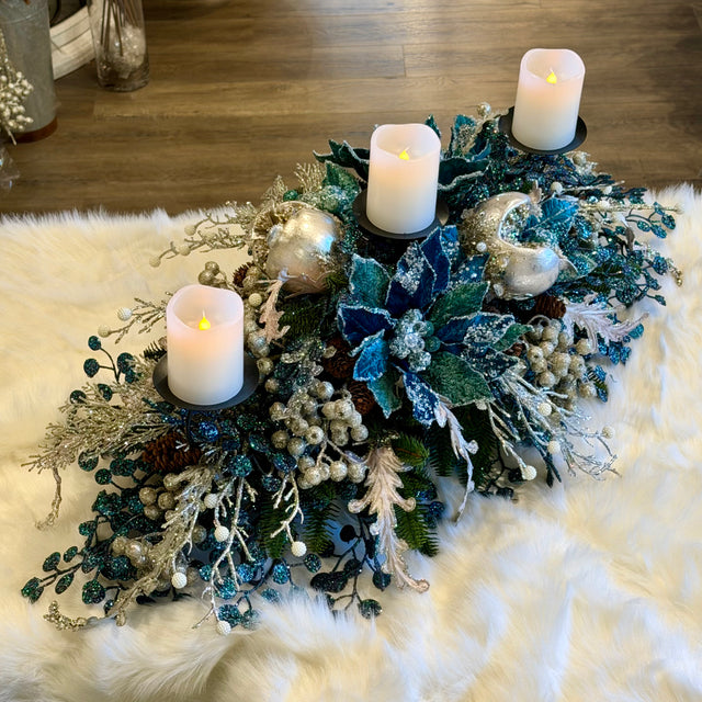 Blue platinum candleholder, 38 by 20 by 14 inch, for Christmas decorating