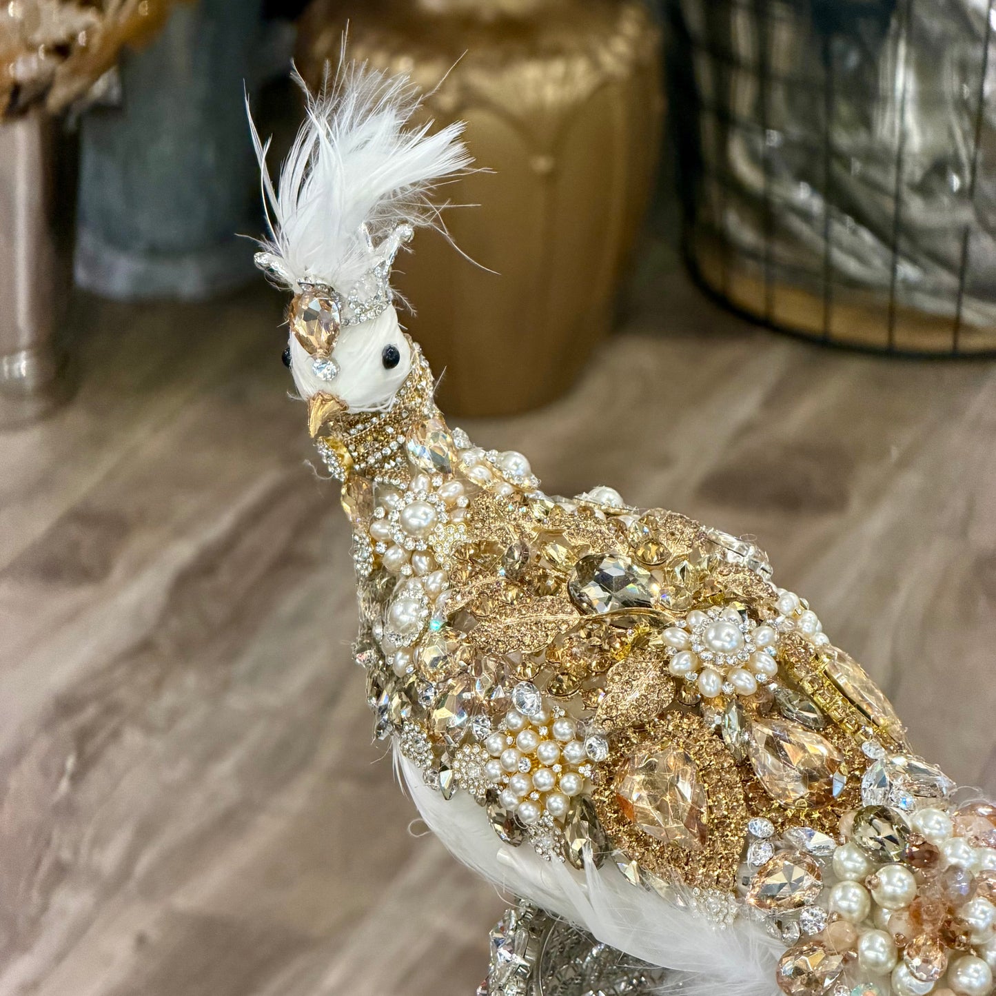 26” Opaline Peacock, Antique Gold & Pearl on White