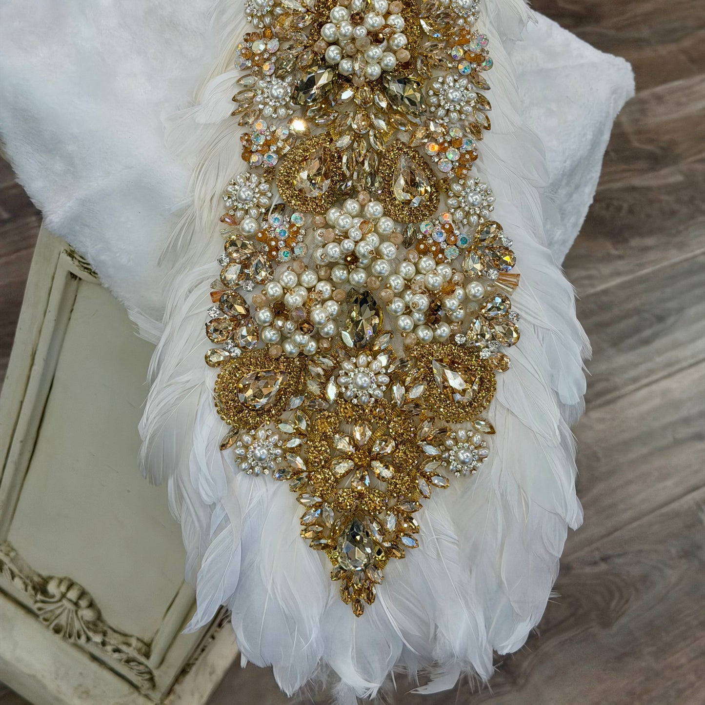 26” Opaline Peacock, Antique Gold & Pearl on White