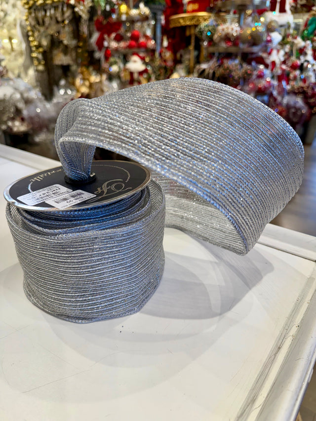 Silver shimmer x10y tinsel ribbon, 3.75 inch, for Christmas decorating