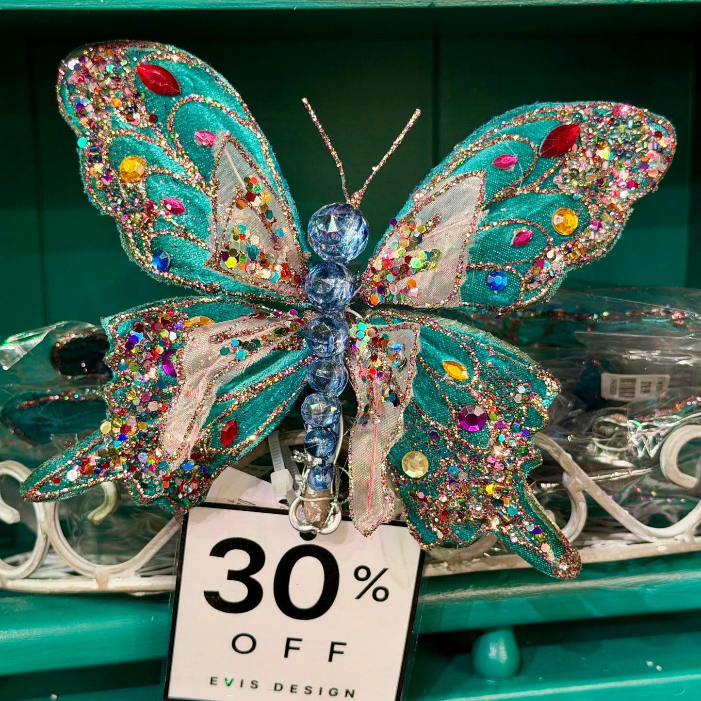 8.5" Teal Butterfly w/ Clip Bead Glitter