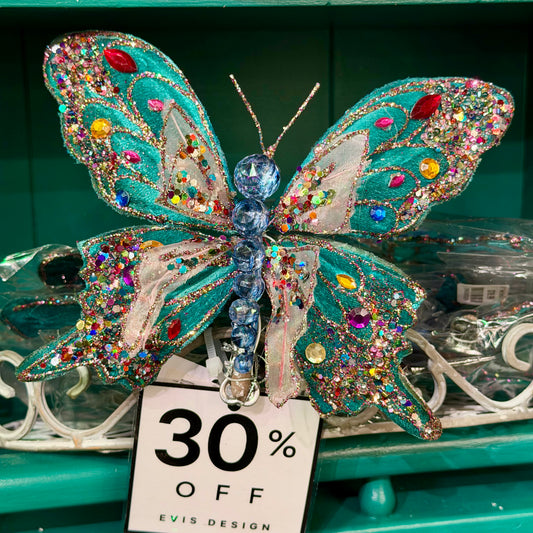 8.5" Teal Butterfly w/ Clip Bead Glitter
