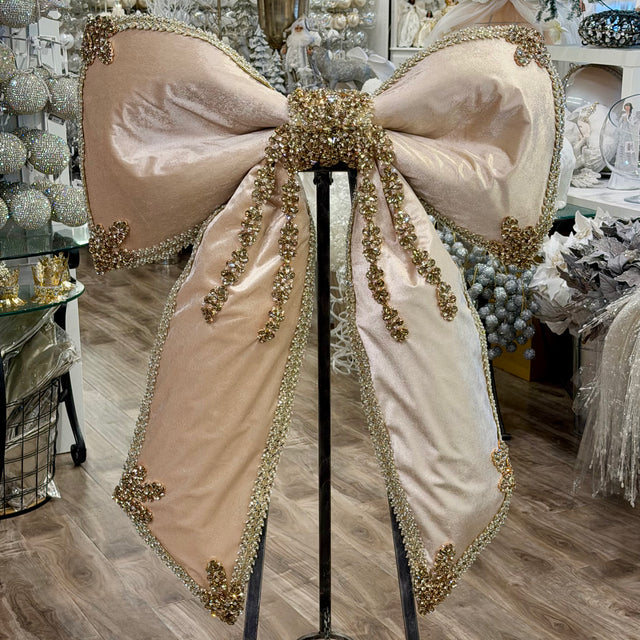 Champagne velvet / jeweled bling majesty bow, 48 inch, for Christmas decorating