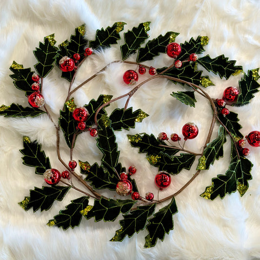 5' Garland Red Green Holly Ball Holiday