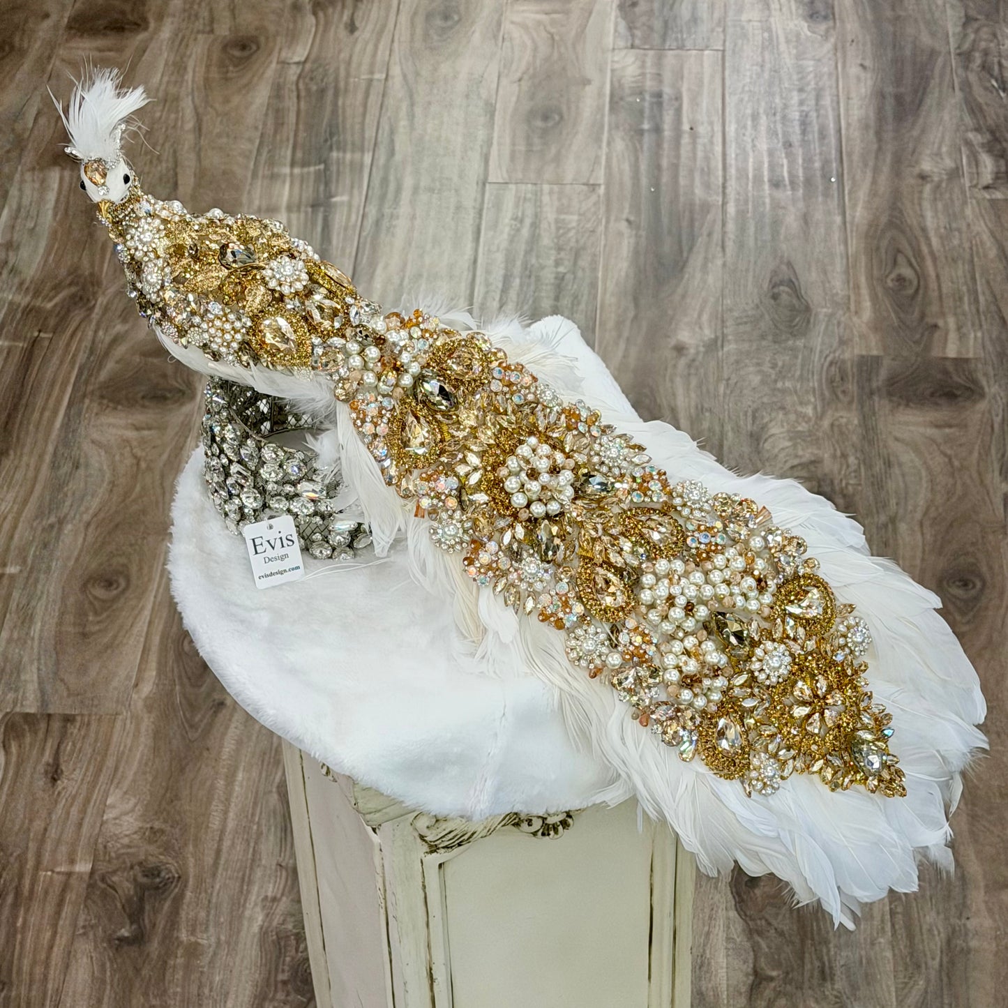 26” Opaline Peacock, Antique Gold & Pearl on White