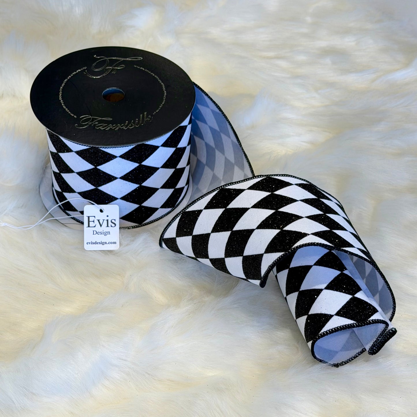 4"x10Y Black & White Glitter Jester Diamonds Ribbon