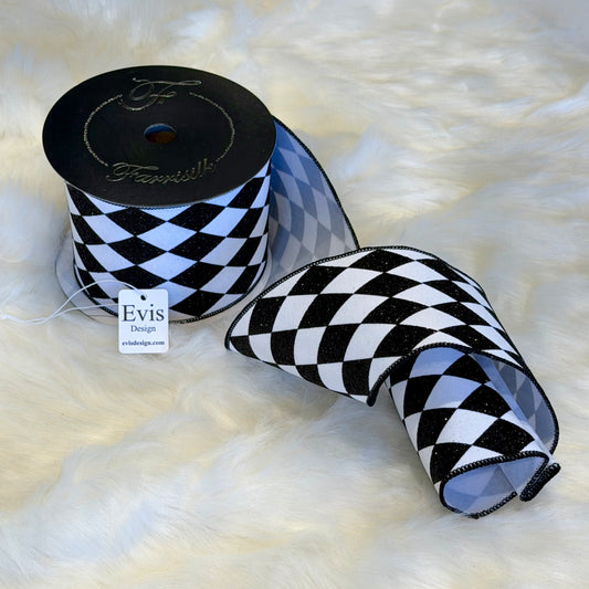 4"x10Y Black & White Glitter Jester Diamonds Ribbon