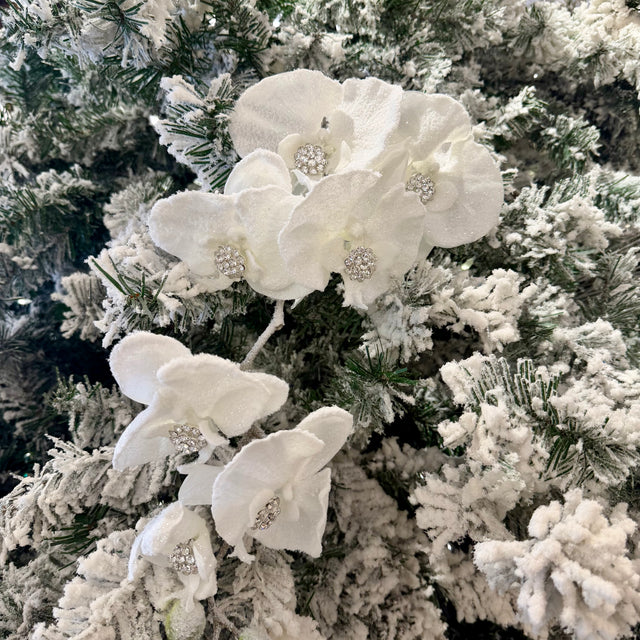 White bejeweled gem phalaenopsis spray, 40 inch, for Christmas decorating