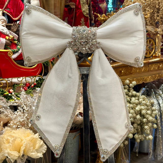 White velvet / jeweled bling glamour bow, 24 inch, for Christmas decorating