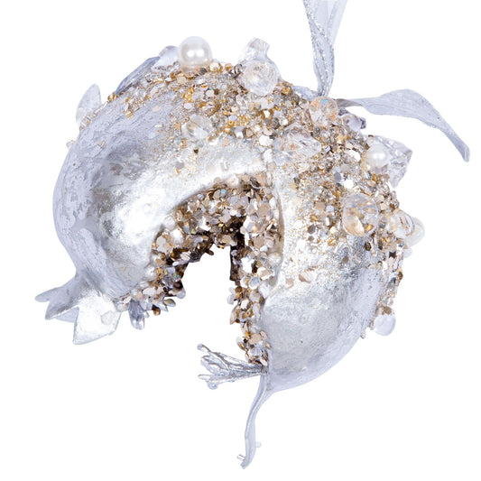 Silver bejeweled pomegranate ornament with an encrusted surface.