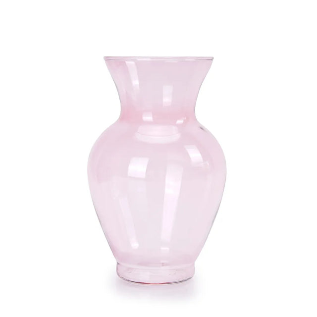 Pink glass figurine with pink vase transparent glass detail.