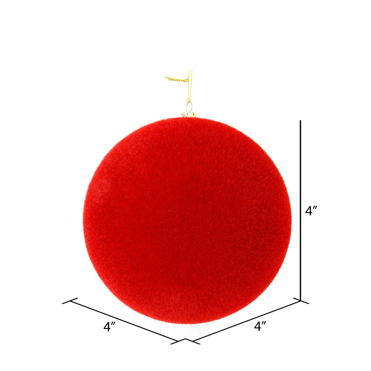 Red flocked ball ornament size diagram showing 4 inch diameter