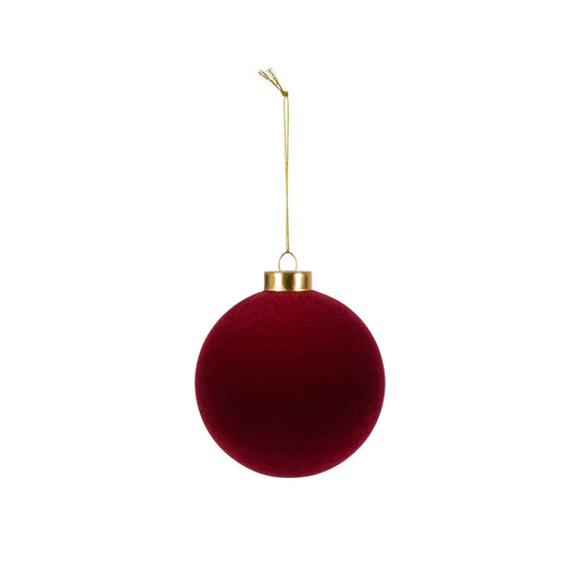 Burgundy flocked glass ball ornament with a velvety finish.