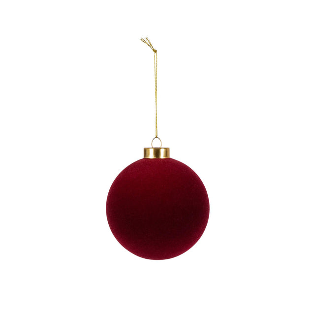 Burgundy flocked glass ball ornament with a velvety finish.