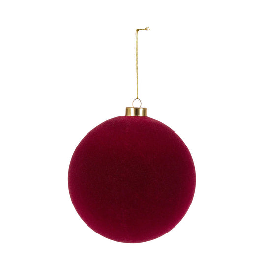 Burgundy flocked glass ball ornament with a velvety finish.