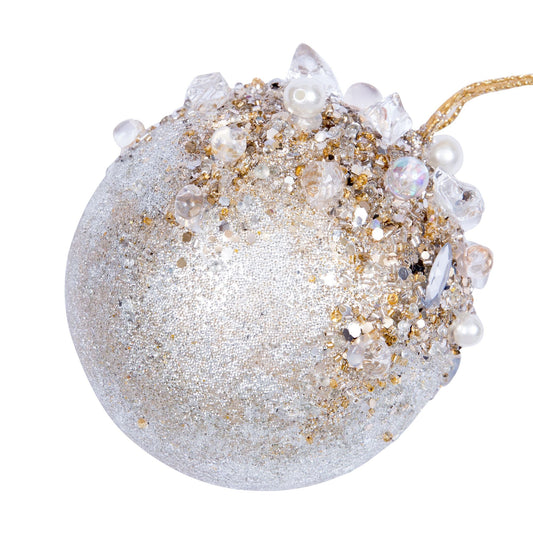 Platinum beaded bejeweled ball ornament with sparkling detail.