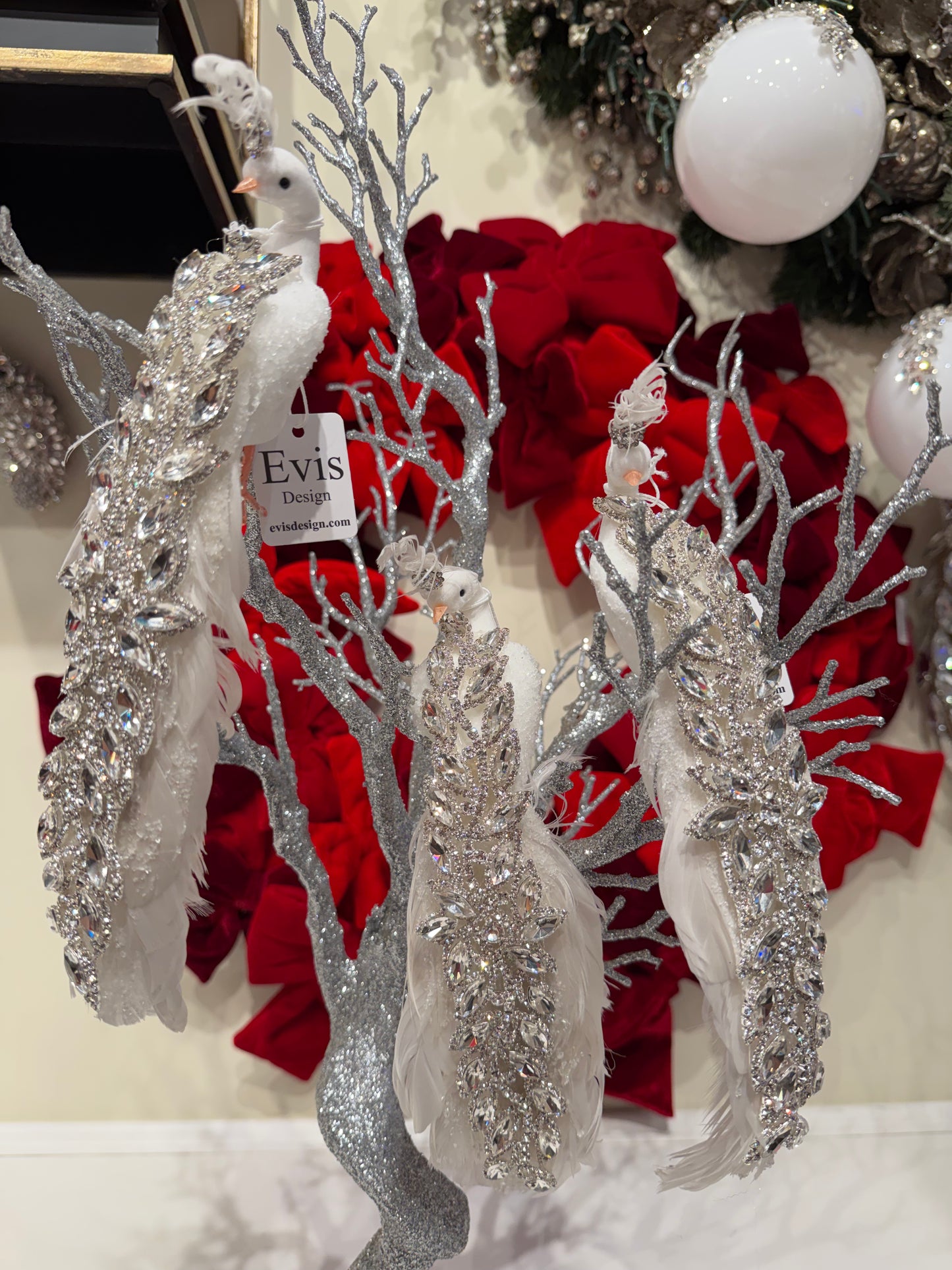 Set of 3 - Blinged Peacocks, Silver on White