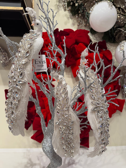 Set of 3 - Blinged Peacocks, Silver on White