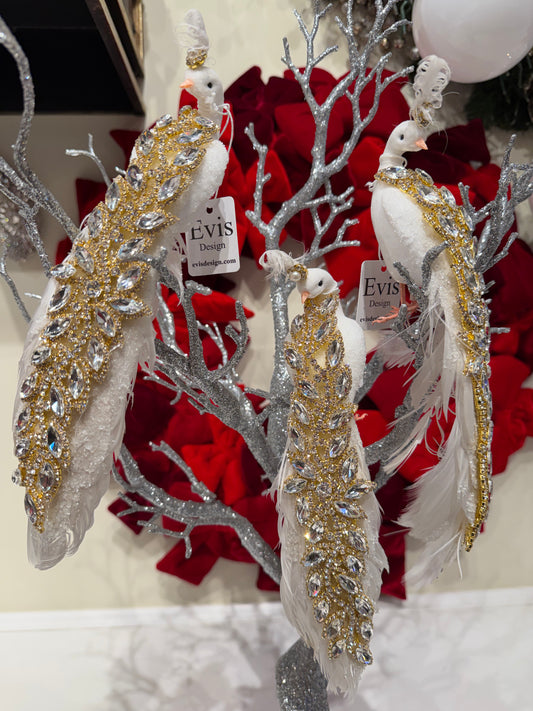 Set of 3 - Blinged Peacocks, Gold on White