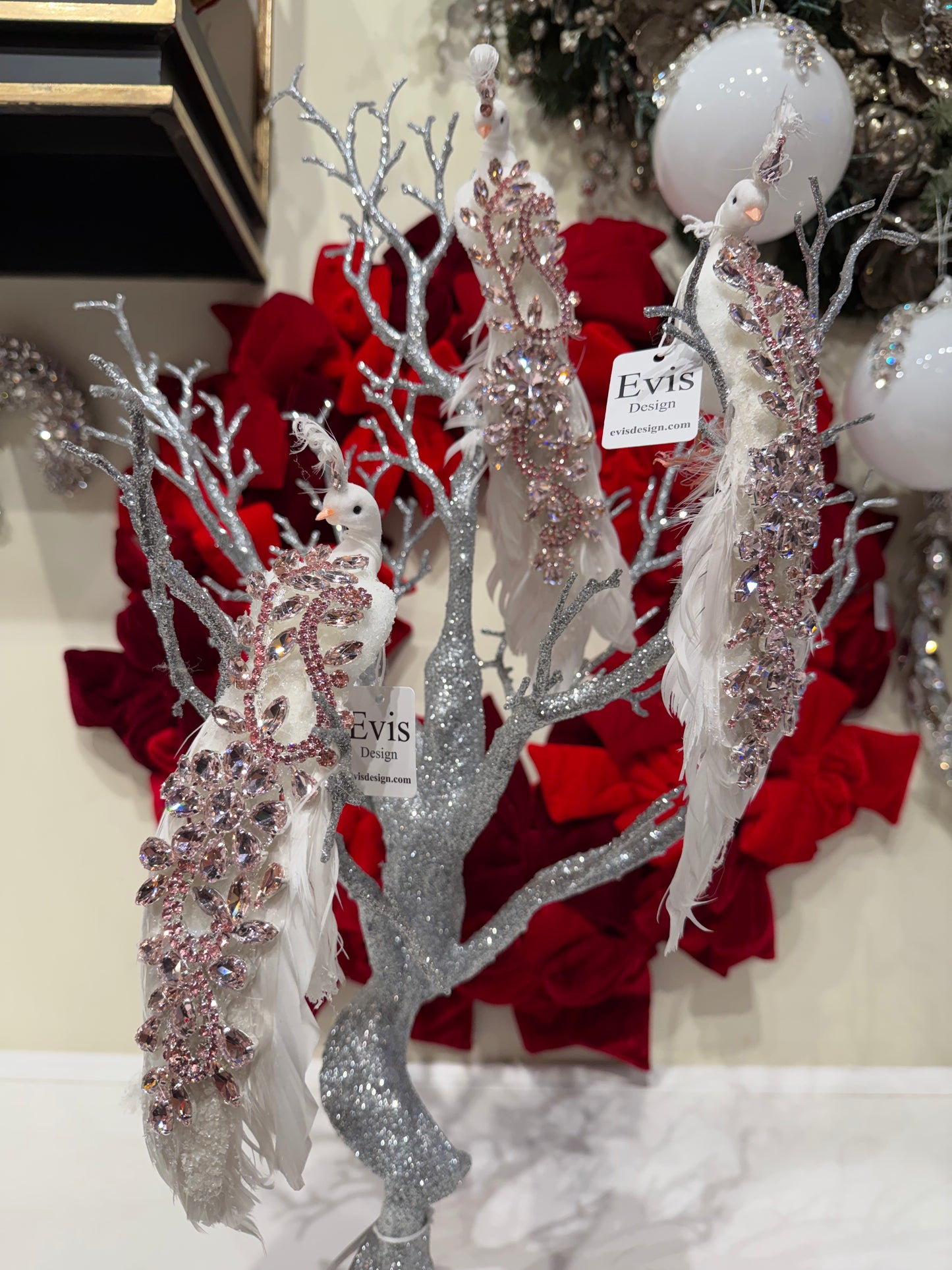 Set of 3 - Blinged Peacocks, Pink on White