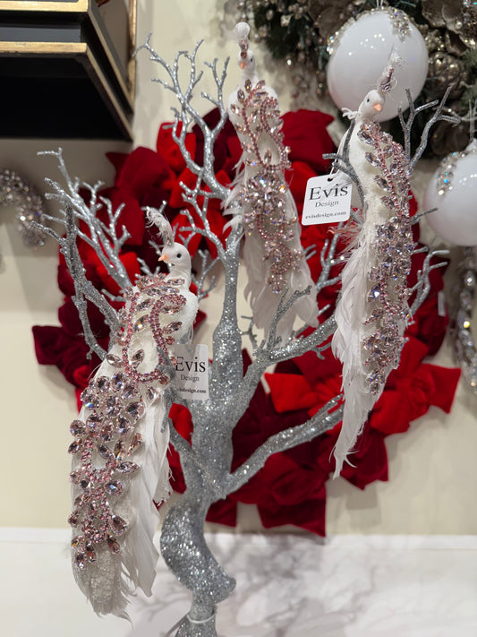 Set of 3 - Blinged Peacocks, Pink on White